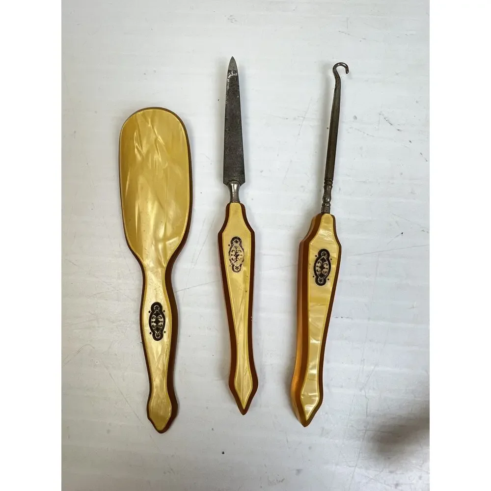 Vintage Vanity Set Brush Mirror Nail File Shoe Horn & Hook Bakelite Glamour